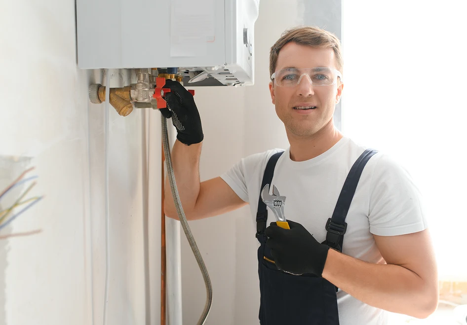 HVAC technician servicing wall-mounted boiler using adjustable wrench in residential interior, maintenance work scene