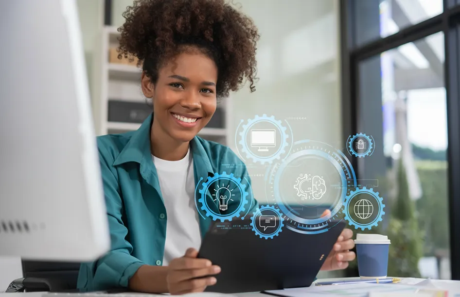 Smiling business professional working on digital tablet with abstract technology and innovation interface icons overlay