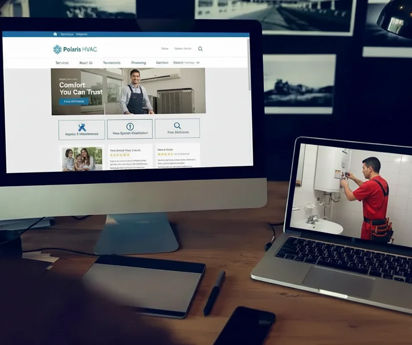 HVAC company website displayed on desktop monitor with technician service video on laptop, digital workspace setup