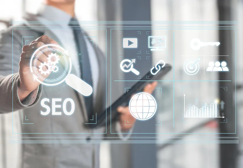 SEO optimization concept with business professional interacting with digital search, analytics, and strategy interface