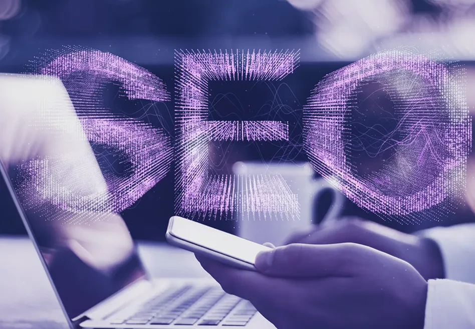 CEO leadership and digital strategy concept illustrated by data-driven typography over smartphone and laptop workspace