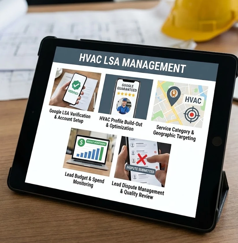 HVAC Local Services Ads management dashboard showing Google LSA optimization services