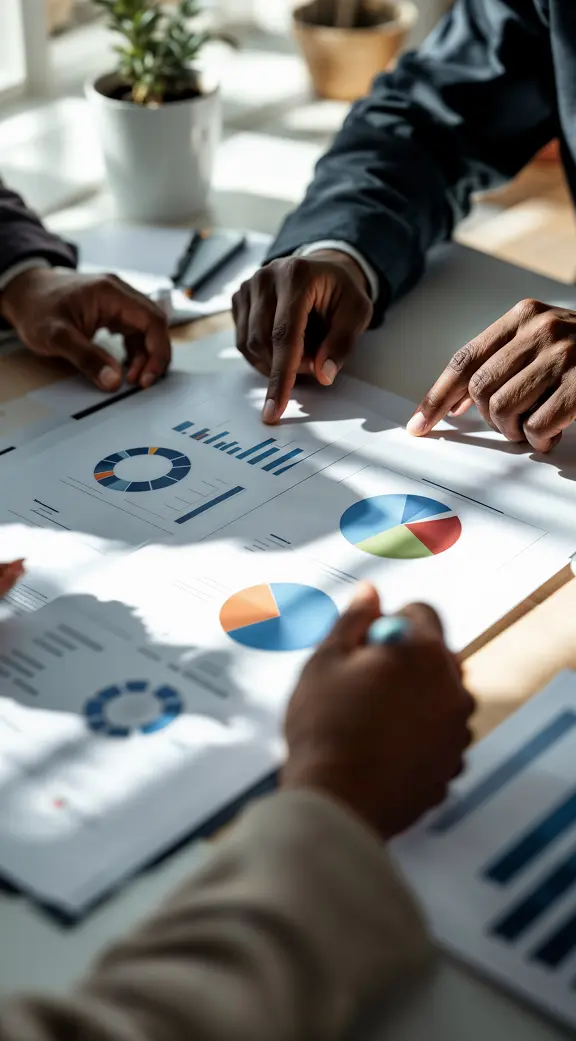 People pointing at printed charts and graphs during a business meeting at a desk